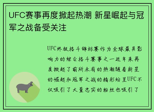 UFC赛事再度掀起热潮 新星崛起与冠军之战备受关注